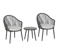 Set Tavolino da Caffè con Piano in Vetro e 2 poltroncine da Giardino in Rattan con Cuscini Grigio