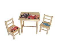 Set Tavolino e Sedie Cameretta Bambini in Legno di Pino Disegnato a Mano, Banchetto Gioco Attività (Cars)