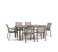Set tavolo 160x90 e 6 sedie in textilene. Set da pranzo da esterno con tavolo in alluminio e polywood effetto legno e sei sedie impilabili in alluminio e textilene - Liam & Deva (Tortora)