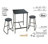 SET TAVOLO 2 SGABELLI STILE BAR PENISOLA METALLO TOP SEDUTA IN LEGNO NERO