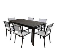 Set Tavolo Allungabile Oregon+ da Esterno/Interno con Struttura in Metallo e Doghe Effetto Legno + 6 Sedie Impilabili Granada Grigio - Design Moderno e Resistente