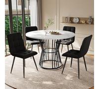 Set tavolo da pranzo (5 pezzi), tavolo da pranzo con 4 sedie, tavolo da cucina, tavolo da pranzo rotondo con diametro di 100 cm e gambe in metallo nero, tavolo in MDF, sedie da pranzo in velluto nero