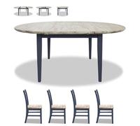 Set tavolo da pranzo allungabile blu navy | 4 sedie incluse | in legno rotondo a ovale W115-160 H76 D115 | legno di acacia e pino | mobili da cucina eleganti