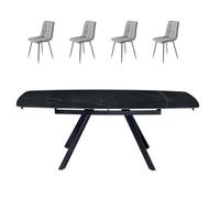 Set Tavolo da pranzo Allungabile Rotante in marmo ceramica colore nero con 4 sedie in tessuto grigio design moderno, Tavolo Cucina, Tavolo Ovale