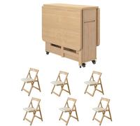 Set tavolo da pranzo in legno massello con 6 sedie estensibili beige per cucina e sala da pranzo, lunghezza 1,4 m, adatto per soggiorno e ristorante.