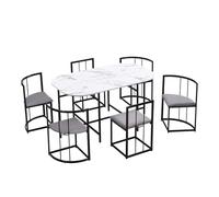 Set tavolo da pranzo ovale, 6 posti, con piano in MDF bianco e struttura in ferro dorato, sedie imbottite in velluto grigio, salvaspazio, per cucina e sala da pranzo