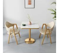 Set tavolo da pranzo quadrato moderno e glam bianco con base dorata e sedie color cachi imbottite, mobili eleganti per sala da pranzo e soggiorno, arredamento chic per la casa
