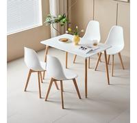 Set tavolo da pranzo rettangolare e 4 sedie da pranzo in stile medievale nordico con gambe in legno per soggiorno, sala da pranzo, cucina, bianco