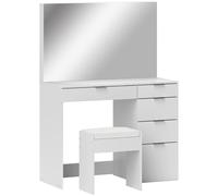 Set Tavolo Da Trucco Con Specchio E 5 Cassetti 97.2x44.5x136.5 Cm E Sgabello Imbottito 40x24x46 Cm, Bianco