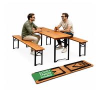 Set Tavolo e 2 Panche Pieghevoli da Giardino 120cm / 180cm in Legno con Struttura in Ferro e Foro Ombrellone 5cm - Portata Tavolo 200kg