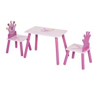 Set tavolo e 2 sedie a tema principesse per cameretta bambini in legno rosa con schienale a forma di corona