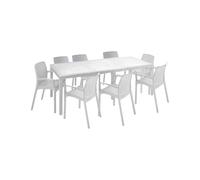 Dmora - Set tavolo e sedie Moie, Salottino indoor, Tavolo rettangolare allungabile con 8 sedie con braccioli, Made in Italy, Bianco