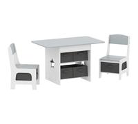 Set Tavolo e Sedie per Bambini 3-8 Anni con 6 Cassetti e Bordi Arrotondati in Legno e Tessuto Grigio e Bianco