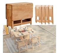 Set Tavolo e Sedie Pieghevoli in Legno Massello con Cassetti e Ruote, Tavolo da Cucina con Allunga e 4 Sedie for Piccoli Spazi, Non Necessita di Montaggio