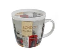 Set tazza e sottobicchiere in porcellana con scritta "London" raffigurante il Big Ben e il classico bus inglese (lingua italiana non garantita)