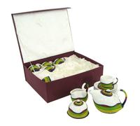 Set Tazze The 9 Pezzi con Teiera e Lattiera in Porcellana Decoro in Bambù