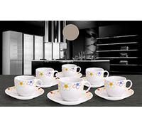 Set Tazzine da Caffè con Piattino in Porcellana Colorate Fiori Stilizzati Servizio Completo da 12 Pezzi di cui 6 Tazzine e 6 Piattini Lavabili in Lavastoviglie