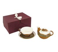 Set Teiera con Tazza e Piattino in Porcellana in Porcellana Decoro in Bambù Noce