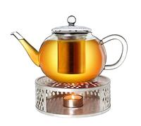 Set Teiera in vetro con Scaldavivande e colino da té integrato in acciaio inossidabile e coperchio in vetro, ideale per la preparazione di tè sfusi / 1600 ml 1,6 l