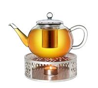 Set Teiera in vetro con Scaldavivande e colino da té integrato in acciaio inossidabile e coperchio in vetro, ideale per la preparazione di tè sfusi / 1200 ml 1,2 l