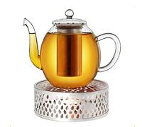 Set Teiera in vetro con Scaldavivande e colino da té integrato in acciaio inossidabile e coperchio in vetro, ideale per la preparazione di tè sfusi / 1000 ml 1,0 l
