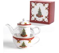 Set Teiera-Tazza-Infusore con Albero di Natale 16 cm in Porcellana con Gift-box