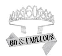 Set tiara e sciarpa 60 anni donna "60 & Fabulous" corona argento strass accessori compleanno 60 anni decorazione regalo, grand, Strass, Diamante creato