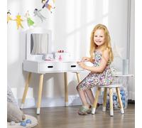 Set Toeletta per Bambini con Tavolo Trucco e Sgabello, Specchio e 2 Cassetti, Bianco e Colore Legno
