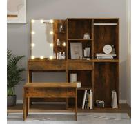 Set Toeletta Trucco con Specchio LED e Sgabello - Tavolo da Trucco in Legno Multistrato con 2 Armadietti Laterali Aggiuntivi - Postazione Make Up Grande Capacità per Camera da Letto, Rovere Fumo