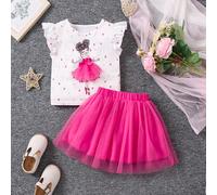 Set top a girocollo con stampa ritratto cartone animato di ragazza giovane e gonna in tulle, San Valentino 6Y,7Y,4Y,5YRitratto,Geometrico,PiantePoliestere,Tessuto intrecciato