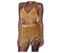 Set Top e Gonna Donna con Paillettes per Danza del Ventre Reggiseno a Spaghetti e Gonna Corta Completo Femminile Sexy e Brillante per Feste e Serate Abito Carnival Femminile Elegante(Gold, One Size)