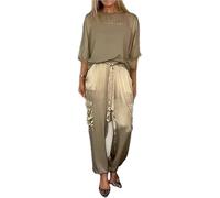 Set top e pantaloni a mezza manica in raso liscio, da donna, estivo, casual, in raso, 2 pezzi, set da jogging per donna, Oro, S