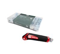 Set TOX con assortimento di fascette stringitubo (26 pezzi) + taglierino con alloggiamento in ABS e 2 lame di ricambio, fascette e 6 misure, campo di serraggio 10-40 mm, 094909159