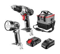 SET TRAPANO AVVITATORE + TORCIA + BATTERIA + CARICABATTERIE + BORSA - T 58G016