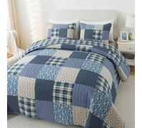 Set trapunta SLPR Blue Symphony in cotone a pezzi - Singolo con 1 federa. Copriletto trapuntato patchwork in stile fattoria con motivo a quadri e