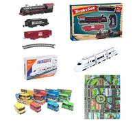 Set Trenino Elettrico 4 in 1 con Tappeto Città | Treno a Vapore, Treni Veloci, Mini Bus, Mappa Stradale | Giocattolo Educativo per Bambini 3+ Anni
