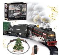 Set Treno Elettrico Telecomandato Natalizio con 3 Uscite di Fumo, Luci e Suoni, Locomotiva e Vagoni su Binari, Telecomando, Decorazione sotto l’Albero di Natale, Regalo per Bambini dai 3 Anni in su