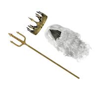 Set Tridente di Poseidone Cosplay Adulto per Halloween | Corona Regolabile Color Oro, Parrucca Grigia e Barba Finta Incluse, Accessori Scena per Dramma e Foto