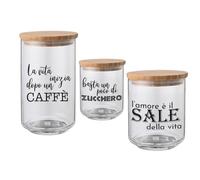 Set Tris Barattoli per Sale Zucchero Caffè Frasi Carine Confezione 3 Contenitori Trasparenti In Vetro Personalizzati Con Coperchio Legno 2 700ml 1 900ml Idea Regalo Arredo Decorazioni Casa Cucina