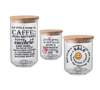 Set Tris Barattoli per Sale Zucchero Caffè Frasi Motivazionali Confezione 3 Contenitori Trasparenti In Vetro Personalizzati Coperchio Legno 2 700ml 1 900ml Idea Regalo Arredo Decorazioni Casa Cucina