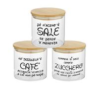 Set Tris Contenitori per Sale Zucchero Caffè Personalizzati con Simpatiche Frasi Napoletane Confezione 3 Barattoli Trasparenti In Vetro Coperchio Legno Idea Regalo Arredo Decorazioni Casa Cucina
