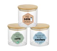 Set Tris Contenitori per Sale Zuccherro e Caffè Personalizzati con Frasi Divertenti Colorati Confezione 3 Barattoli Trasparenti In Vetro Coperchio Legno Idea Regalo Arredo Decorazioni Casa Cucina