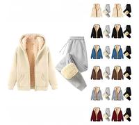 Set tuta da donna, con cappuccio e pantaloni da jogging foderati in pile, termica, casual, comodi e morbidi, due pezzi, per la stagione fredda, # Beige-A, L