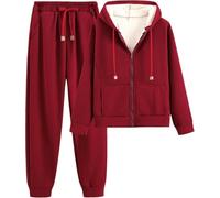 Set tuta da donna con cappuccio in pile caldo, giacca con cappuccio e pantaloni, completo sportivo invernale, Rosso, XXL