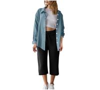 Set tuta da donna estiva in cotone e lino camicia a maniche lunghe pantaloni Capri Set 2 pezzi Button down Oversize Co Ord Set Casual Loose Lounge Wear Set Traspirante Abiti da viaggio di base, 01