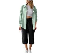 Set tuta da donna estiva in cotone e lino camicia a maniche lunghe pantaloni Capri Set 2 pezzi Button down Oversize Co Ord Set Casual Loose Lounge Wear Set Traspirante Abiti da viaggio di base, 01