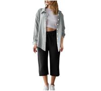 Set tuta da donna estiva in cotone e lino camicia a maniche lunghe pantaloni Capri Set 2 pezzi Button down Oversize Co Ord Set Casual Loose Lounge Wear Set Traspirante Abiti da viaggio di base, 01