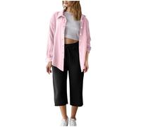 Set tuta da donna estiva in cotone e lino camicia a maniche lunghe pantaloni Capri Set 2 pezzi Button down Oversize Co Ord Set Casual Loose Lounge Wear Set Traspirante Abiti da viaggio di base, 01