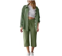 Set tuta da donna estiva in cotone e lino camicia a maniche lunghe pantaloni Capri Set 2 pezzi Button down Oversize Co Ord Set Casual Loose Lounge Wear Set Traspirante Abiti da viaggio di base, 02