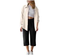 Set tuta da donna estiva in cotone e lino camicia a maniche lunghe pantaloni Capri Set 2 pezzi Button down Oversize Co Ord Set Casual Loose Lounge Wear Set Traspirante Abiti da viaggio di base, 01